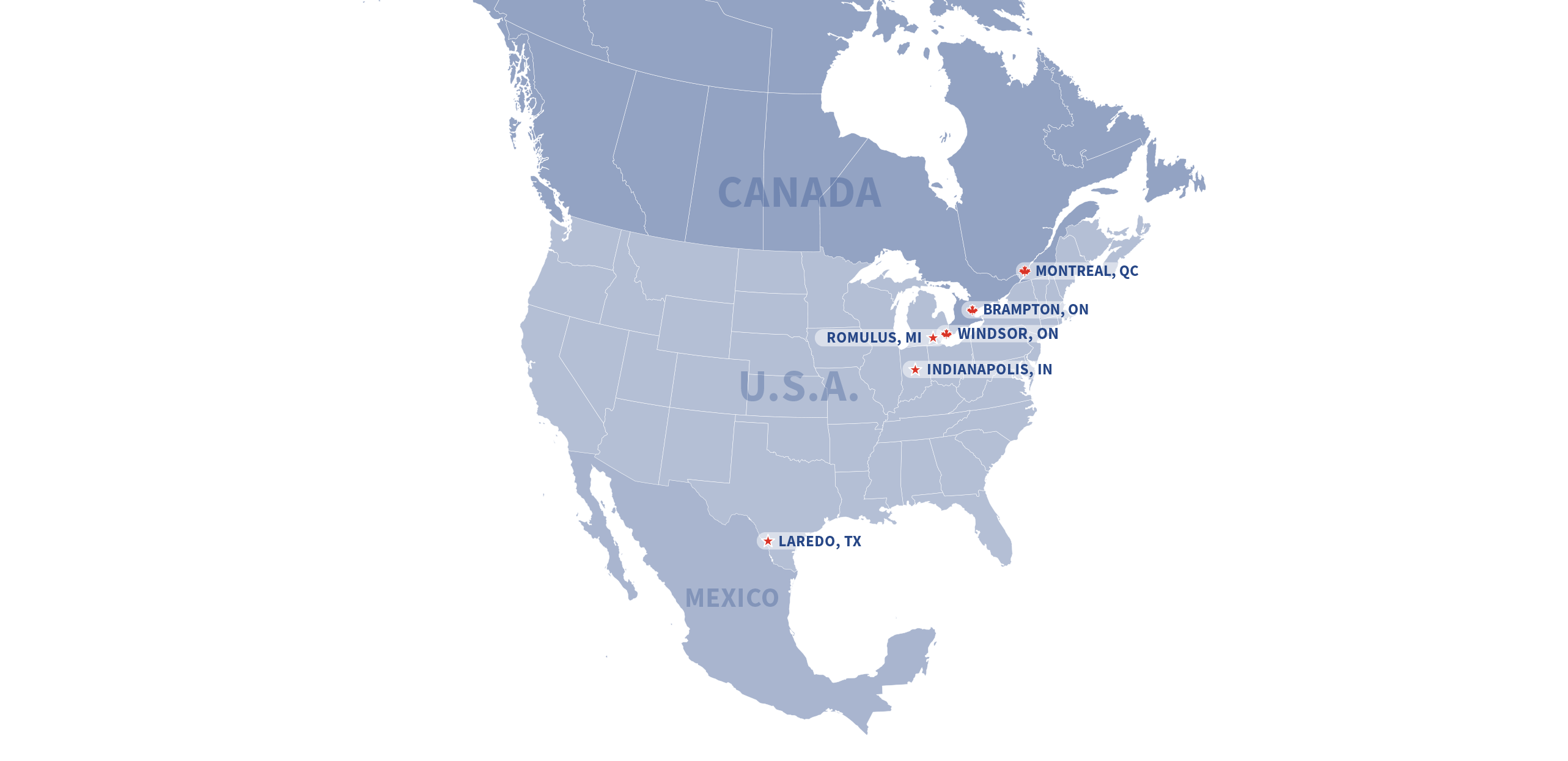 Map of Canada, the USA and Mexico marking the KJS Transport terminals in Montreal QC, Brampton ON, Windsor ON, Romulus MI, Indianapolis IN and Laredo TX
